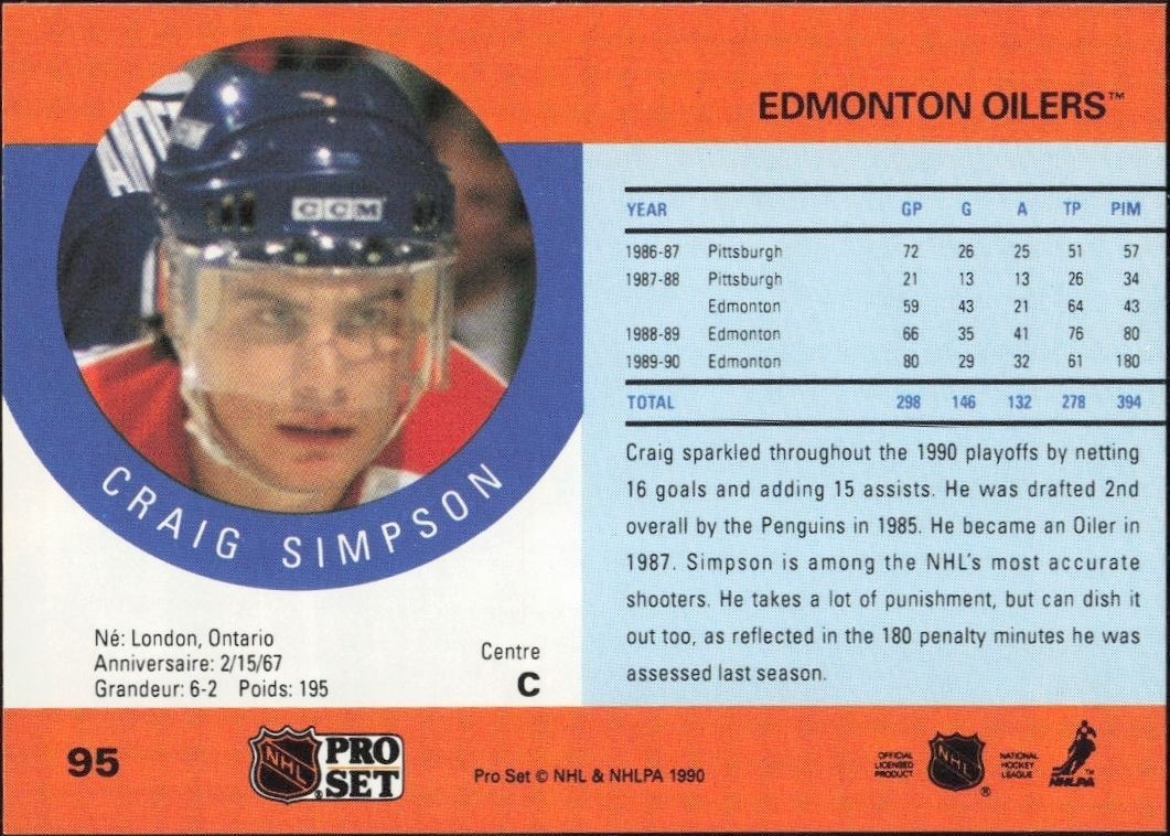 1990-91 Pro Set Craig Simpson #95 hockey trading card back