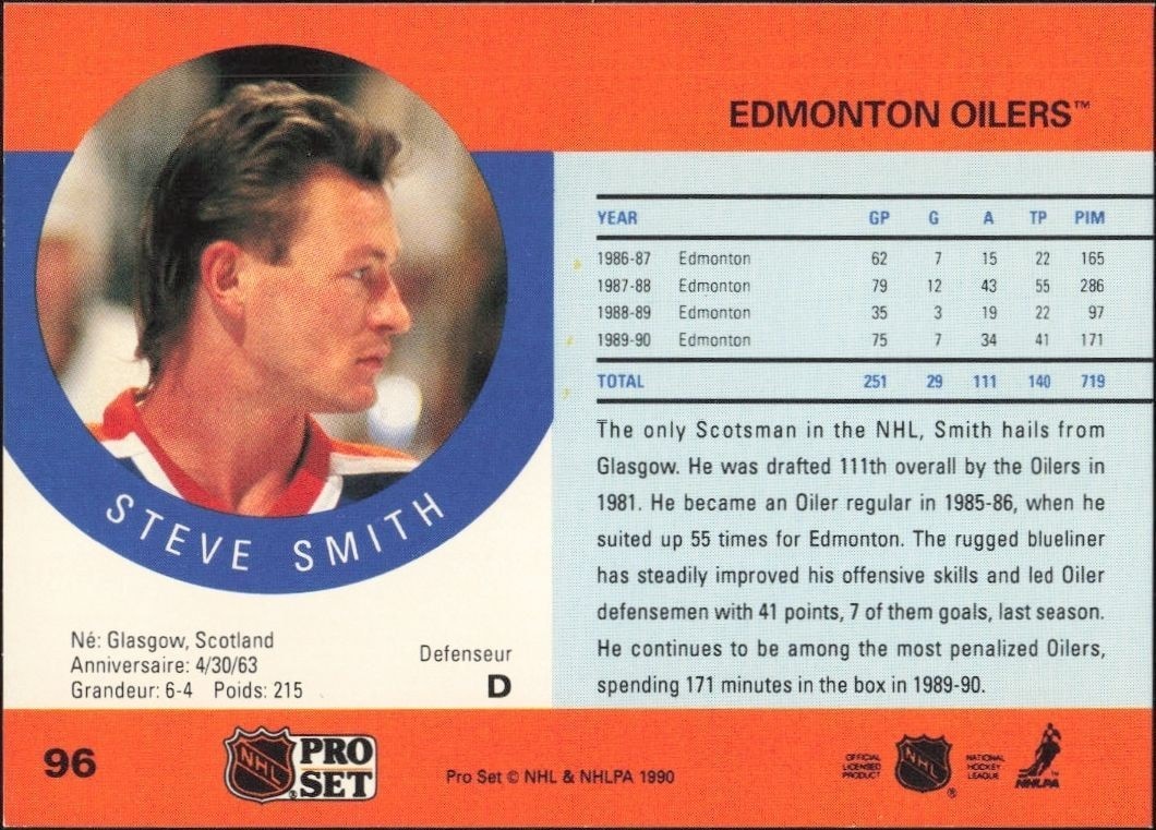 1990-91 Pro Set Steve Smith #96 hockey trading card back