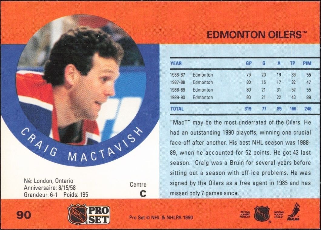1990-91 Pro Set Craig MacTavish #90 hockey trading card back