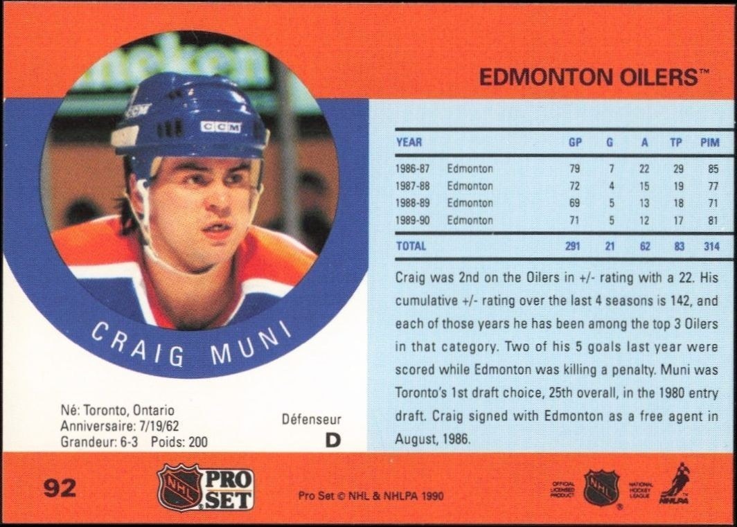 1990-91 Pro Set Craig Muni #92 hockey trading card back