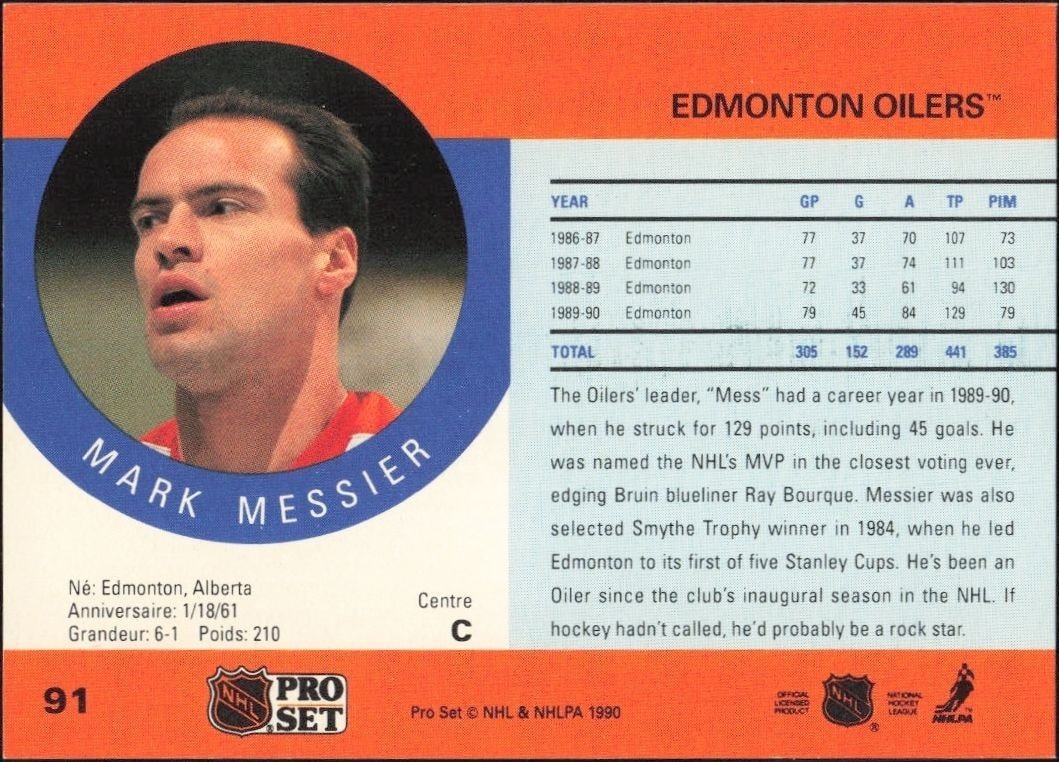 1990-91 Pro Set Mark Messier #91 hockey trading card back