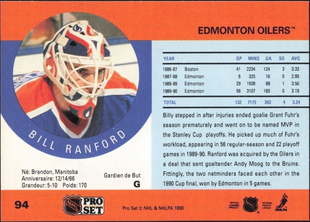 1990-91 Pro Set Bill Ranford #94 hockey trading card back