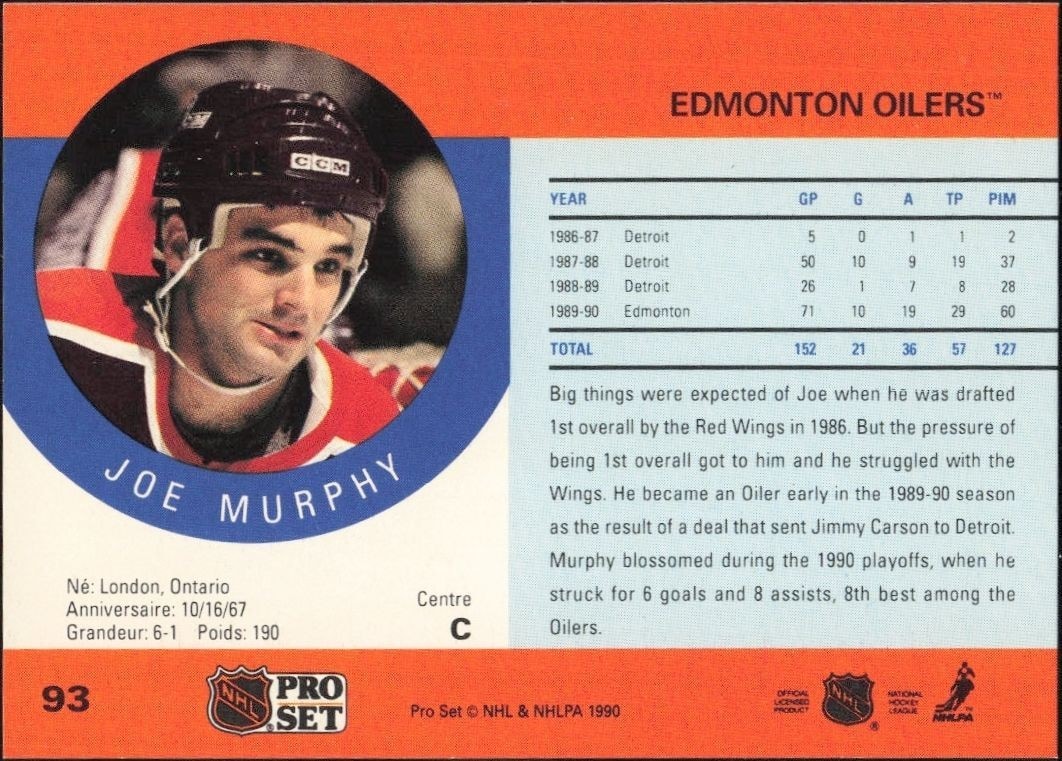 1990-91 Pro Set Joe Murphy #93 hockey trading card back