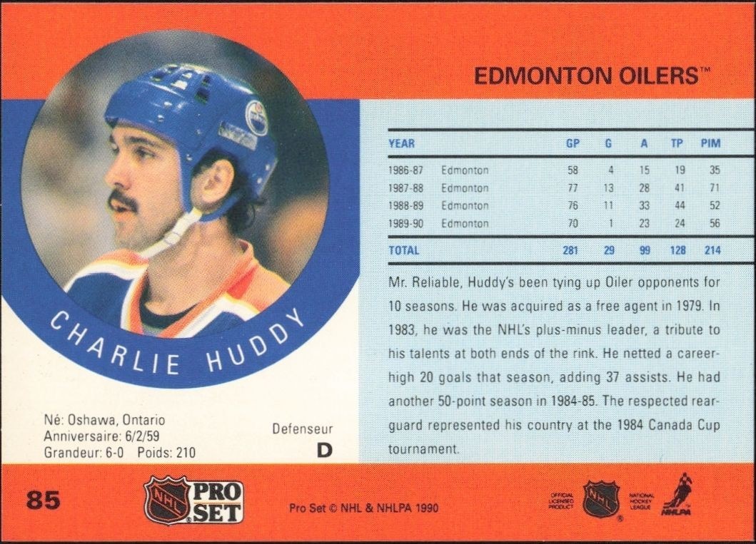 1990-91 Pro Set Charlie Huddy #85 hockey trading card back