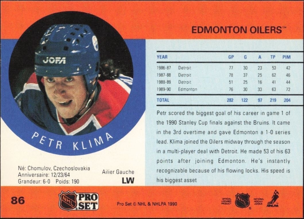 1990-91 Pro Set Petr Klima #86 hockey trading card back