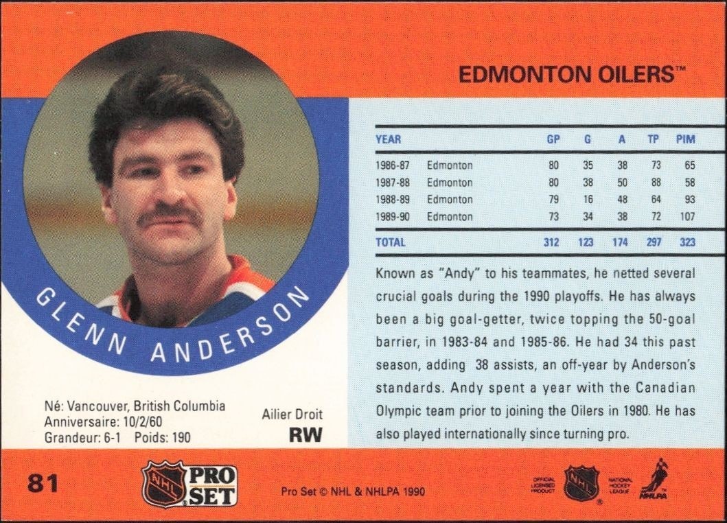 1990-91 Pro Set Glenn Anderson #81 hockey trading card back
