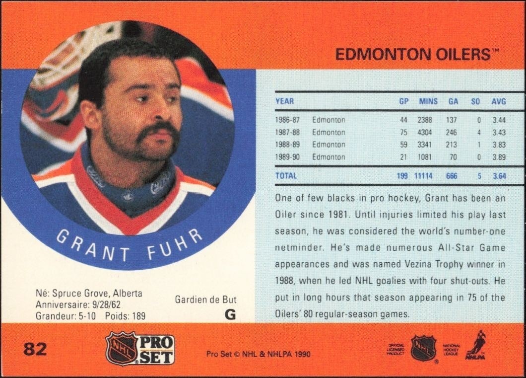 1990-91 Pro Set Grant Fuhr #82 hockey trading card back