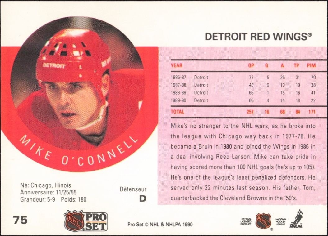 1990-91 Pro Set Mike O'Connell #75 hockey trading card back