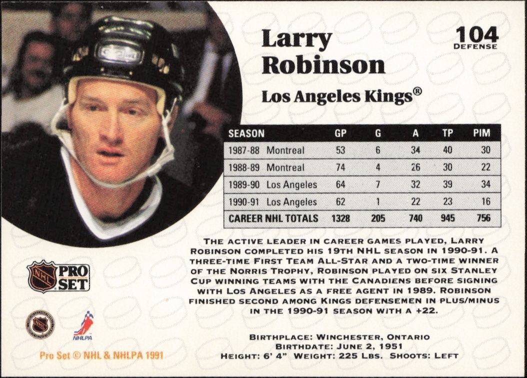 1991-92 Pro Set Larry Robinson #104 hockey trading card back