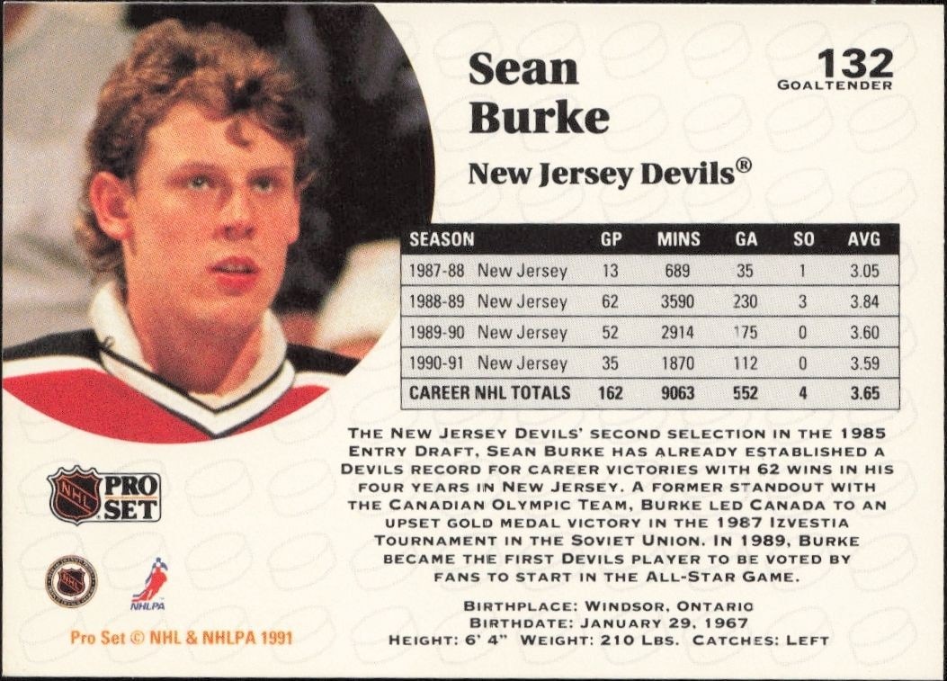 1991-92 Pro Set Sean Burke #132 hockey trading card back