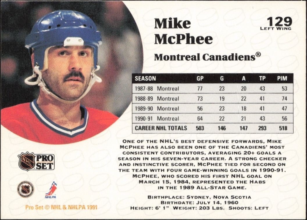 1991-92 Pro Set Mike McPhee #129 hockey trading card back