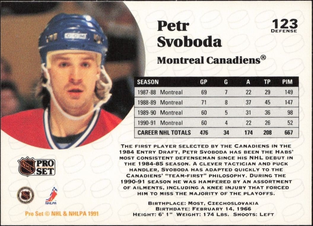 1991-92 Pro Set Petr Svoboda #123 hockey trading card back