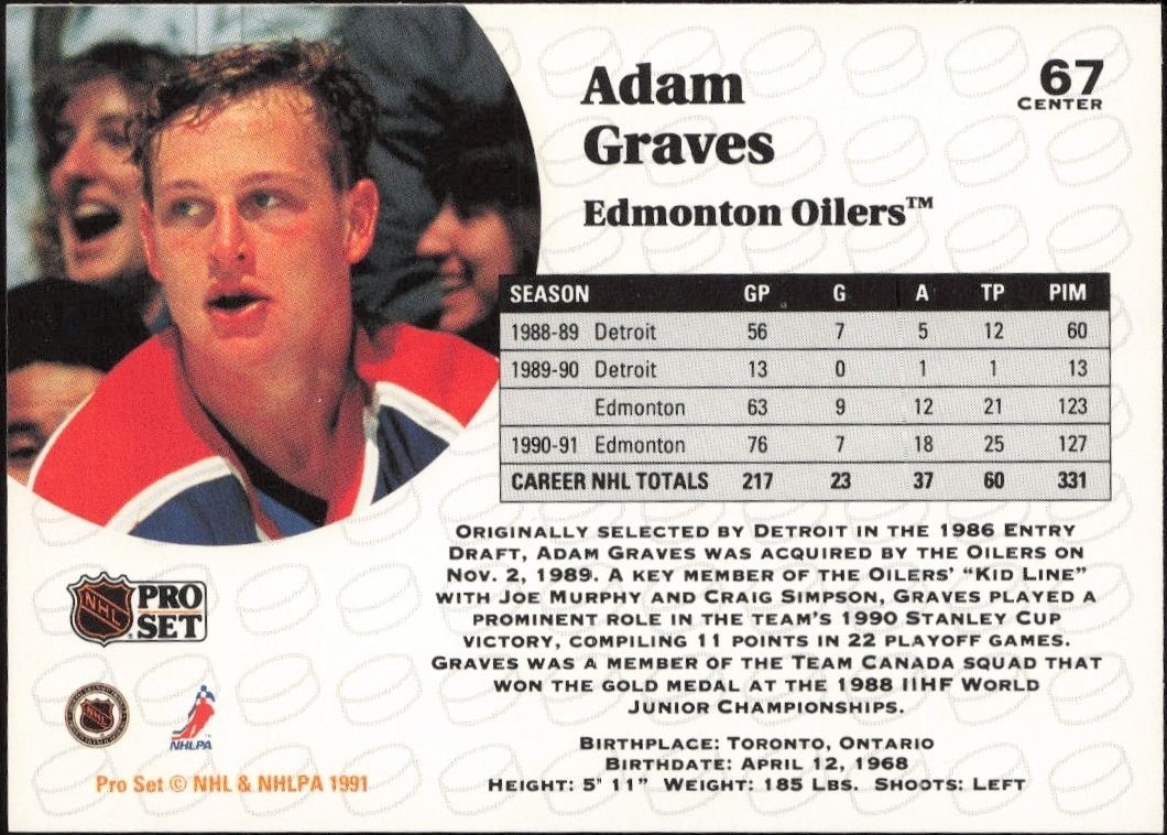 1991-92 Pro Set Adam Graves #67 hockey trading card back