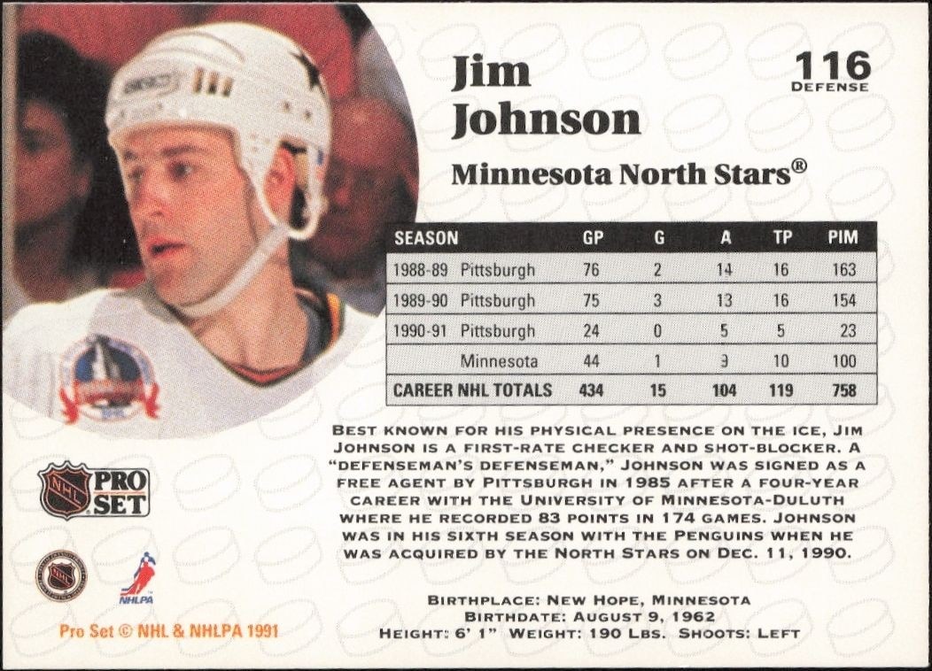 1991-92 Pro Set Jim Johnson #116 hockey trading card back
