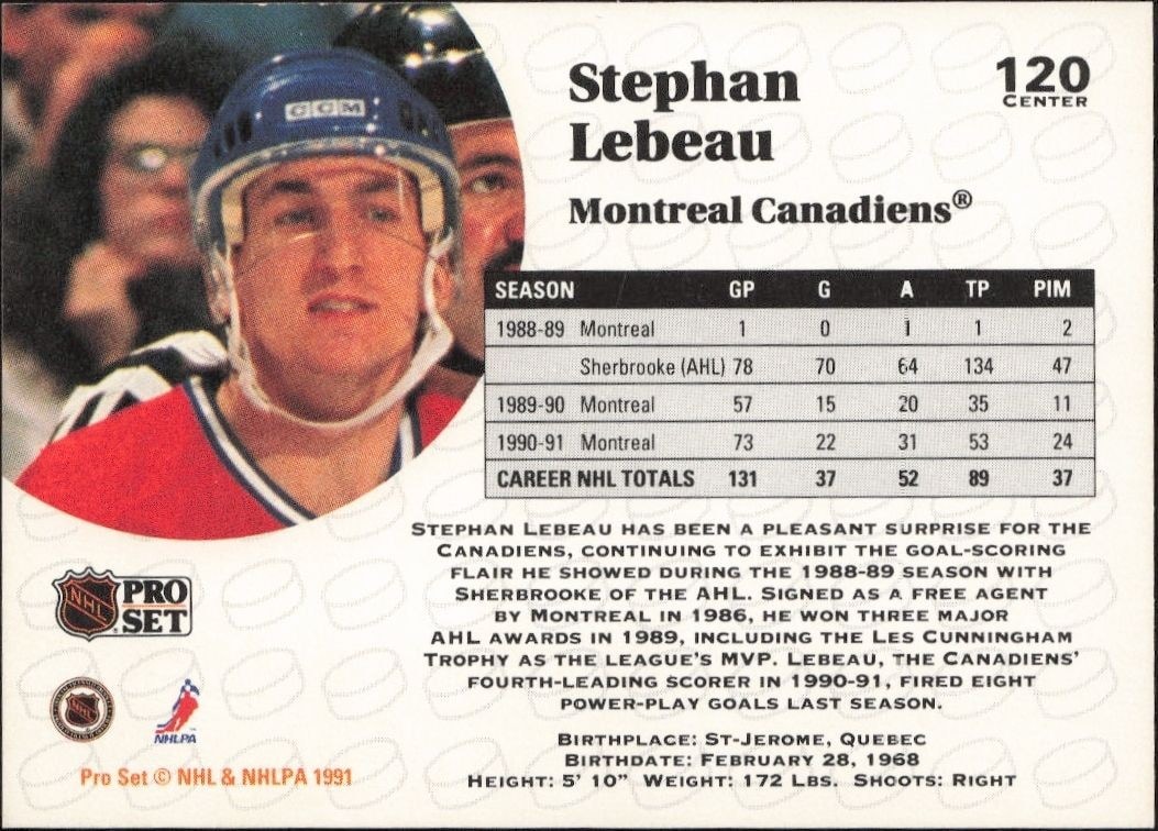 1991-92 Pro Set Stephan Lebeau #120 hockey trading card back