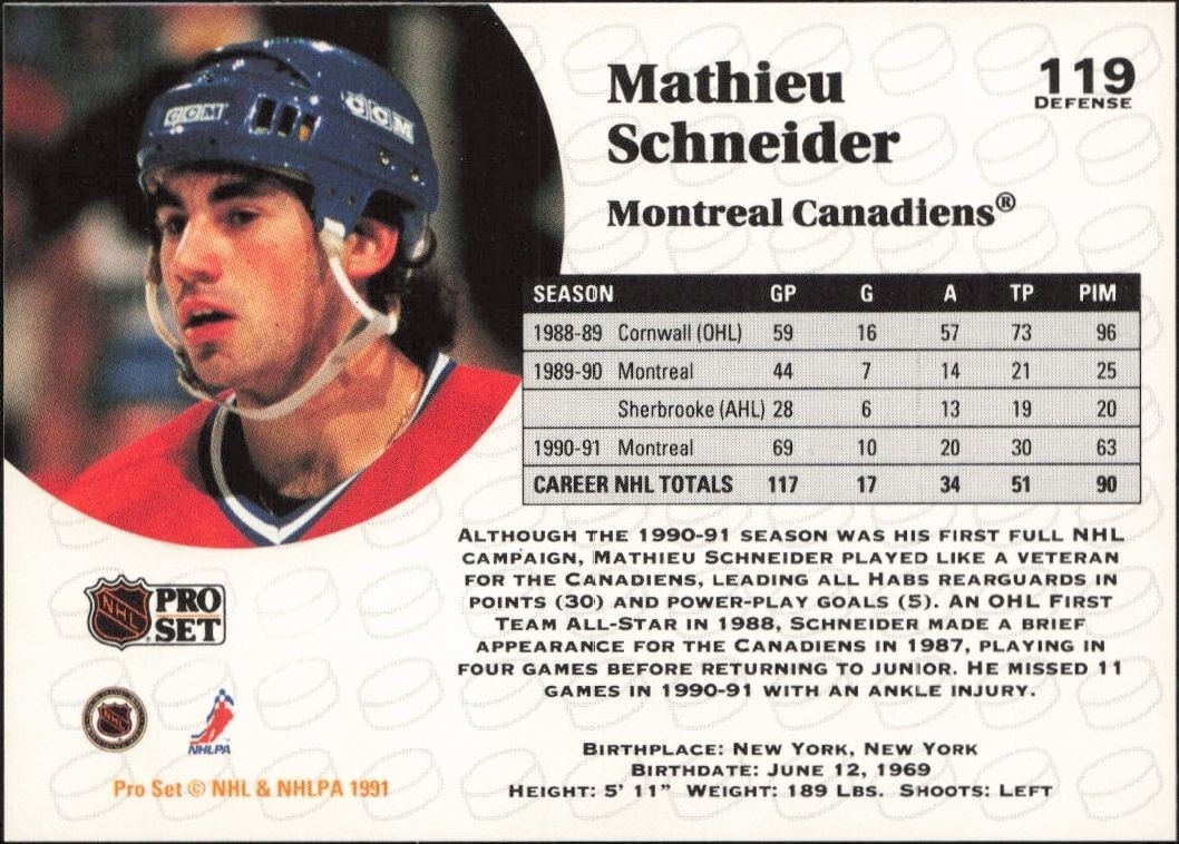 1991-92 Pro Set Mathieu Schneider #119 hockey trading card back
