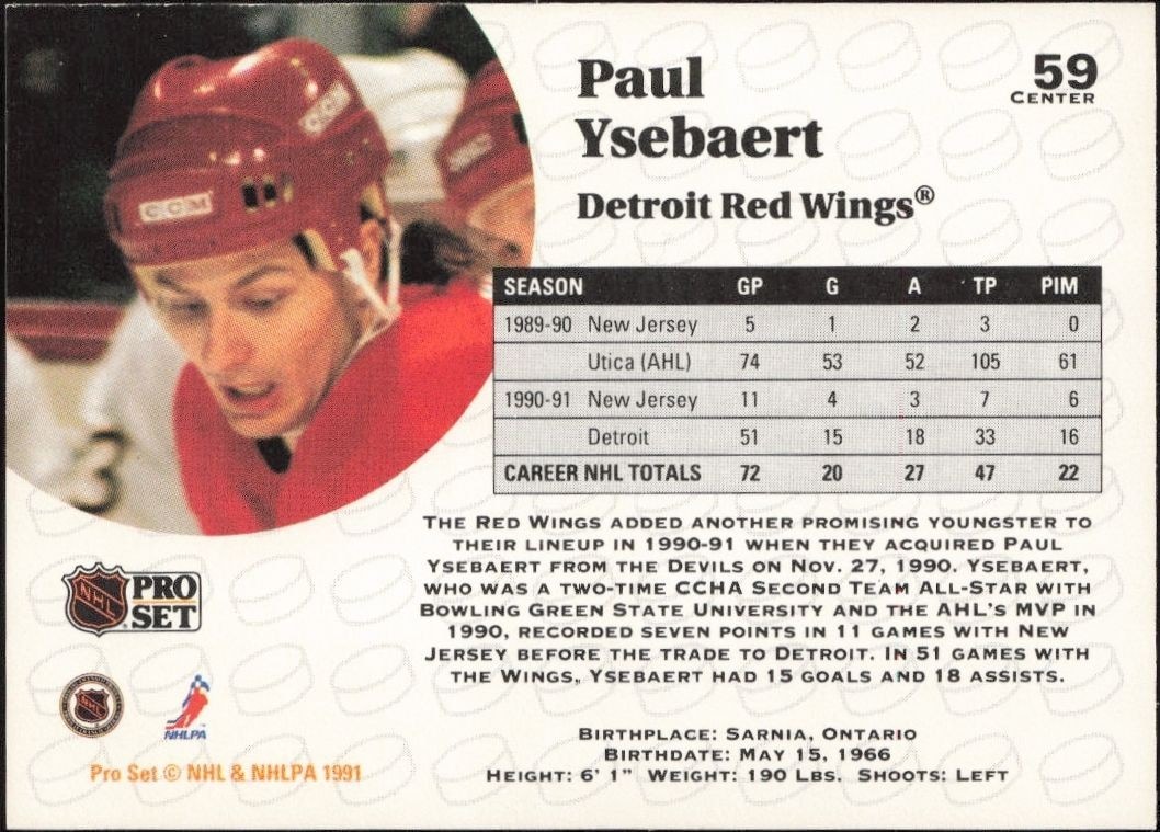 1991-92 Pro Set Paul Ysebaert #59 hockey trading card back