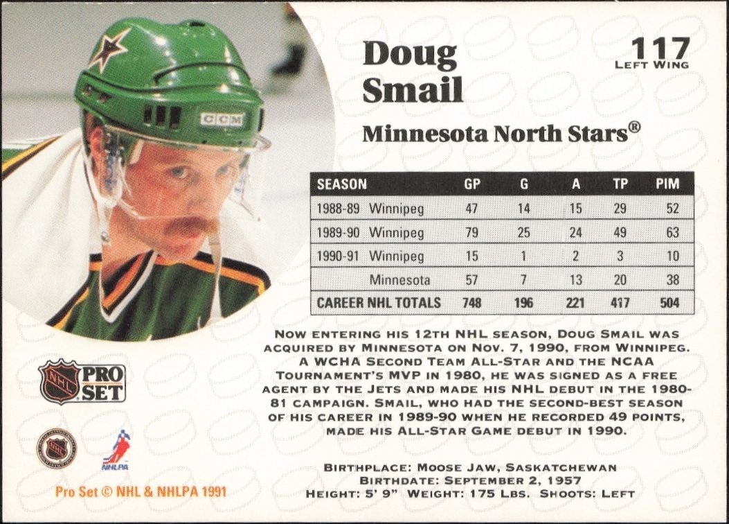 1991-92 Pro Set Doug Smail #117 hockey trading card back