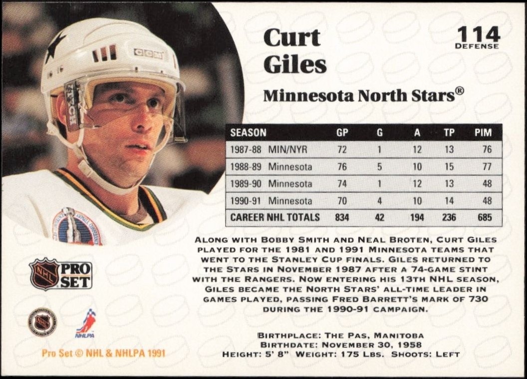 1991-92 Pro Set Curt Giles #114 hockey trading card back