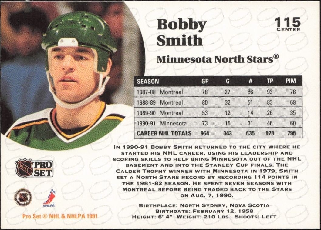 1991-92 Pro Set Bobby Smith #115 hockey trading card back