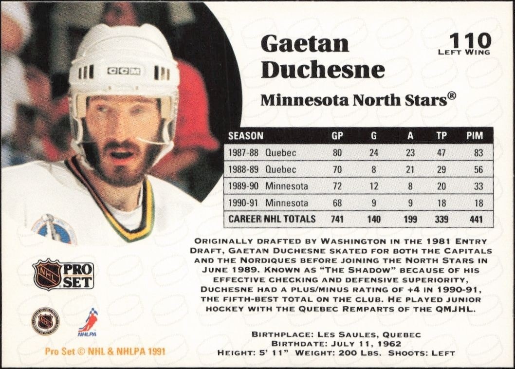 1991-92 Pro Set Gaetan Duchesne #110 hockey trading card back