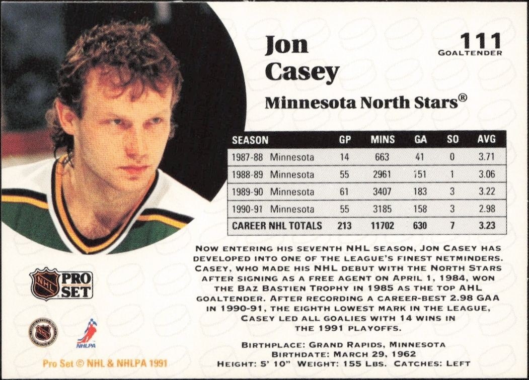 1991-92 Pro Set Jon Casey #111 hockey trading card back