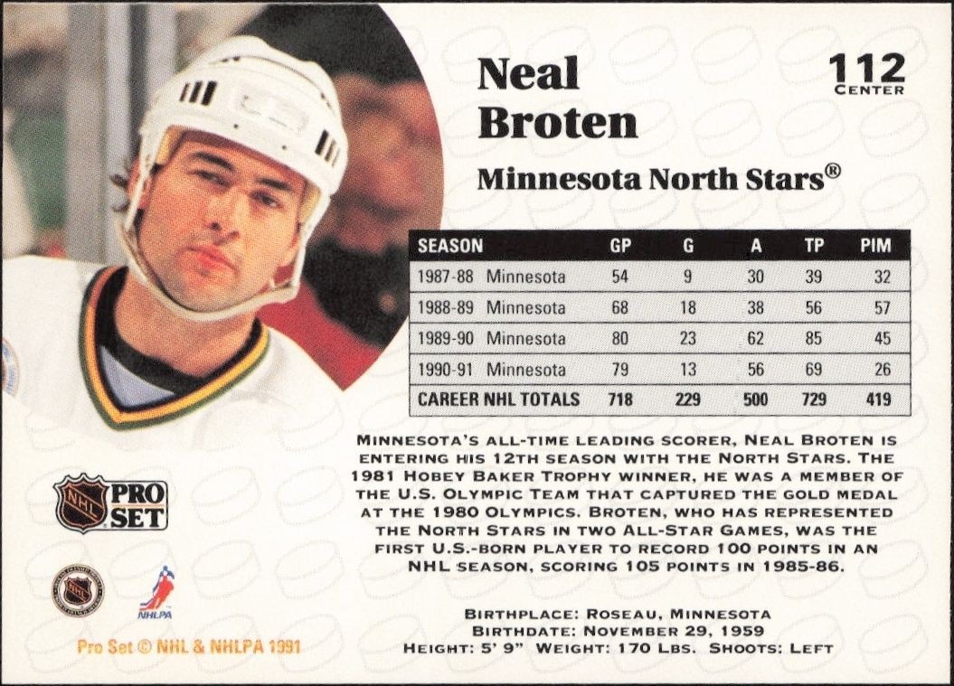 1991-92 Pro Set Neal Broten #112 hockey trading card back
