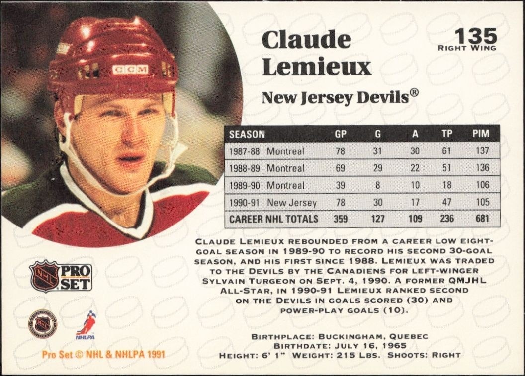 1991-92 Pro Set Claude Lemieux #135 hockey trading card back