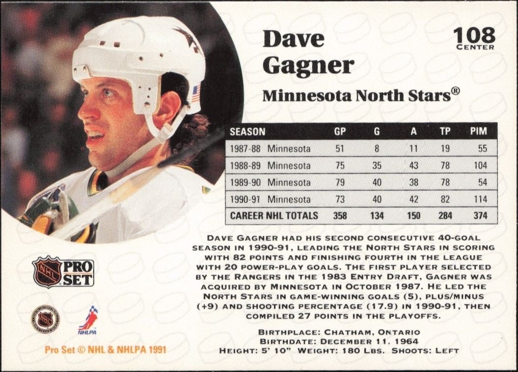 1991-92 Pro Set Dave Gagner #108 hockey trading card back