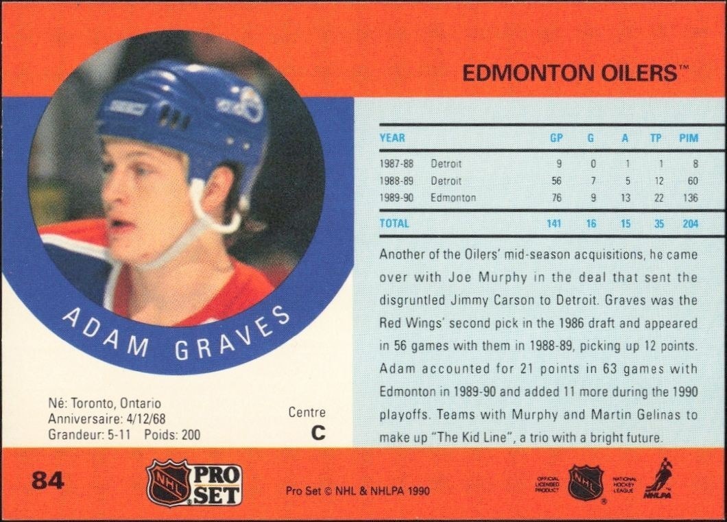 1990-91 Pro Set Adam Graves #84 hockey trading card back