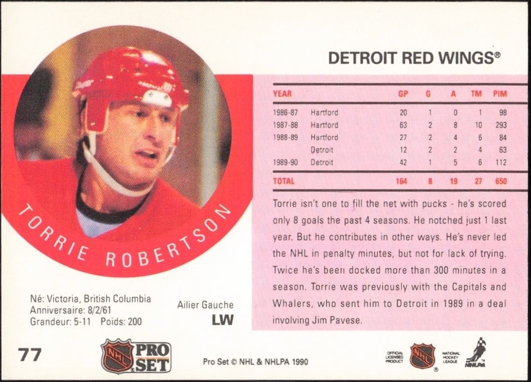 1990-91 Pro Set Torrie Robertson #77 hockey trading card back