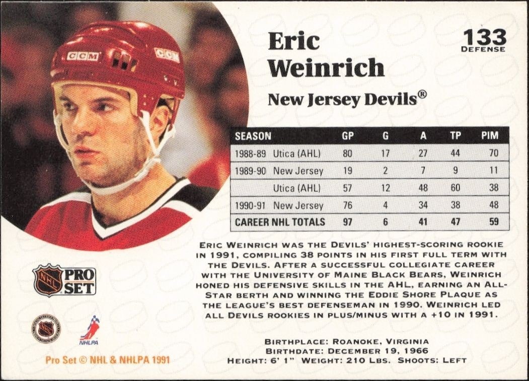 1991-92 Pro Set Eric Weinrich #133 hockey trading card back