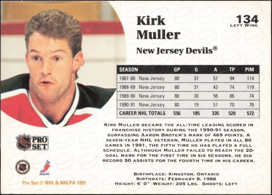 1991-92 Pro Set Kirk Muller #134 hockey trading card back