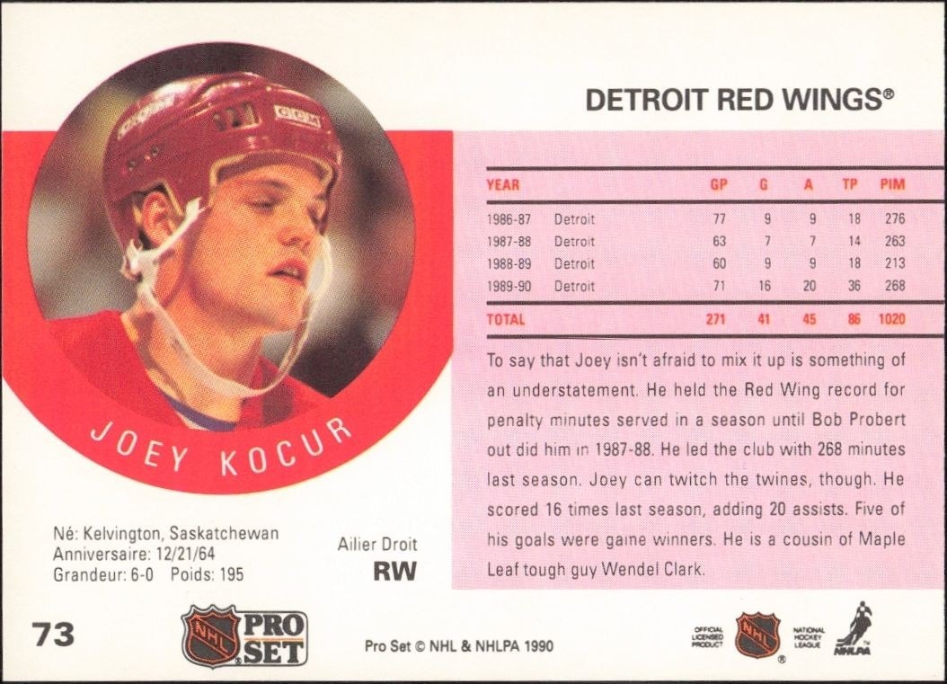 1990-91 Pro Set Joey Kocur #73 hockey trading card back