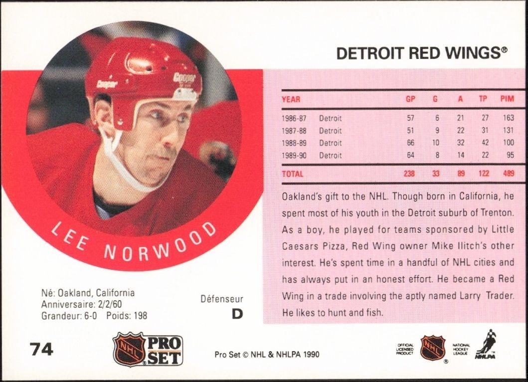 1990-91 Pro Set Lee Norwood #74 hockey trading card back