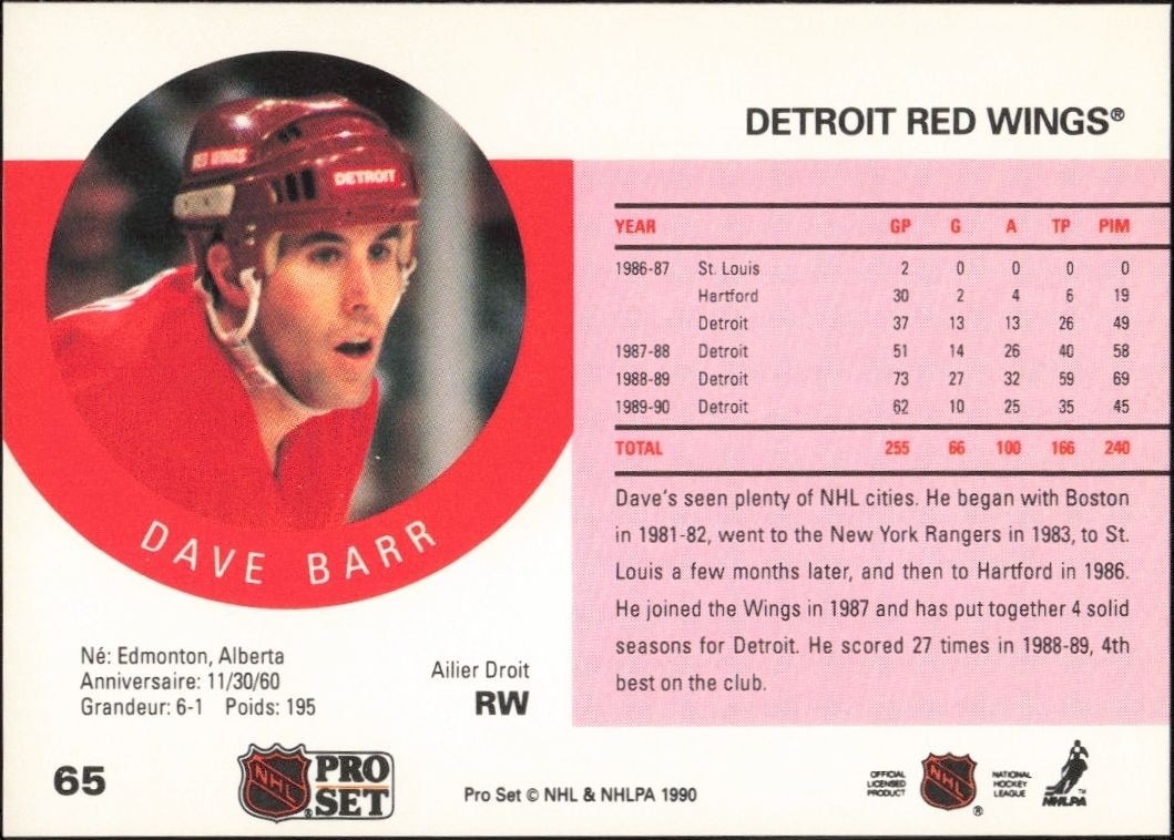 1990-91 Pro Set Dave Barr #65 hockey trading card back