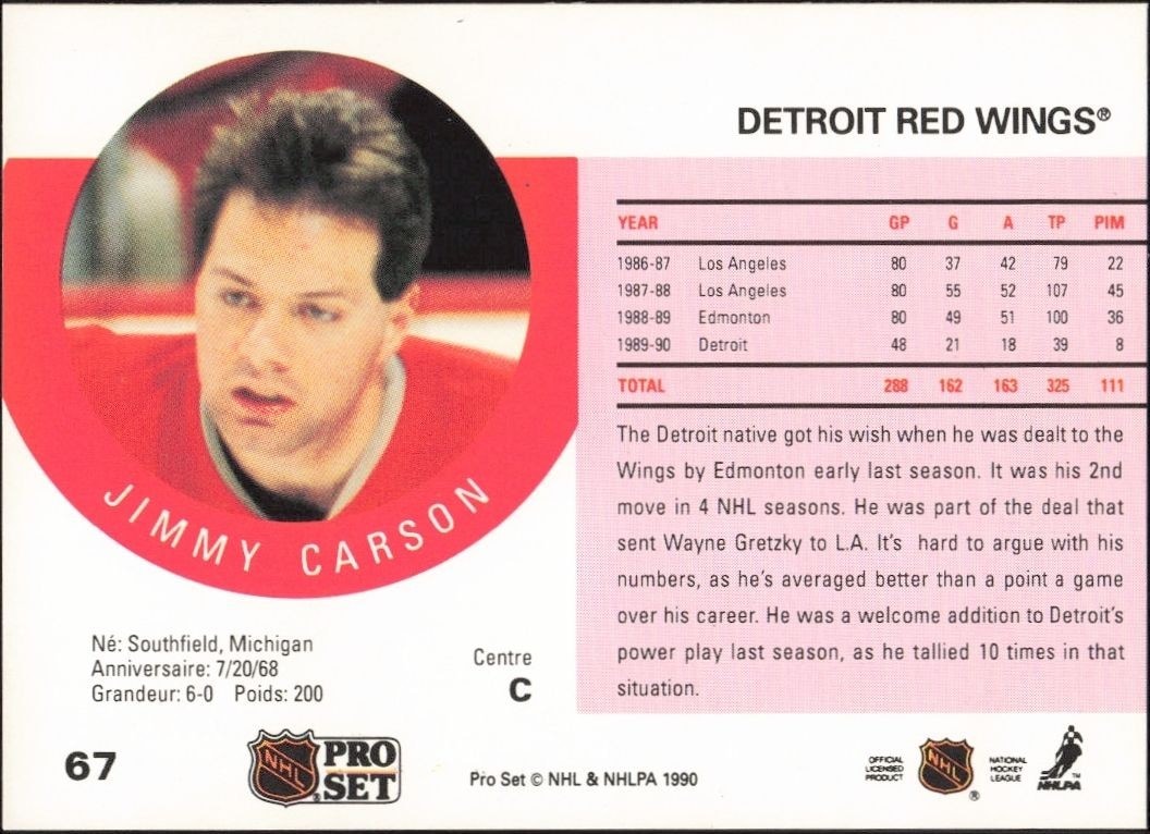 1990-91 Pro Set Jimmy Carson #67 hockey trading card back