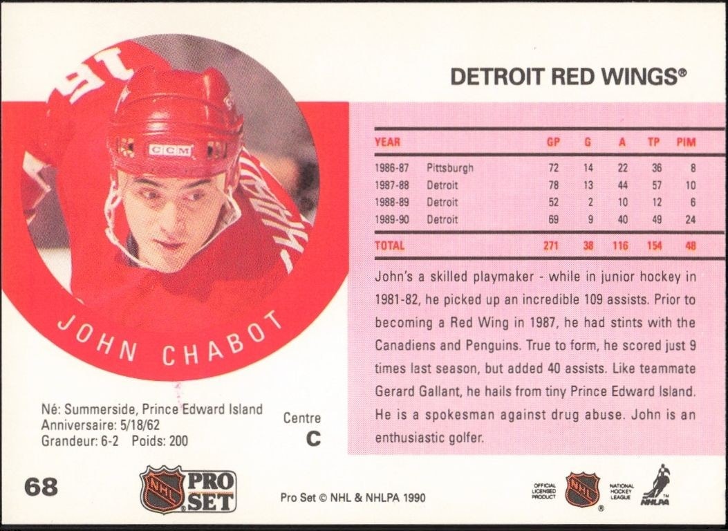 1990-91 Pro Set John Chabot #68 hockey trading card back