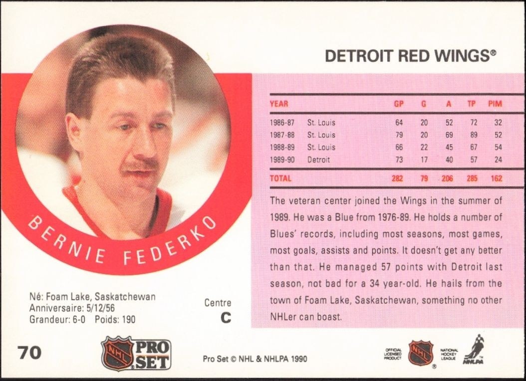 1990-91 Pro Set Bernie Federko #70 hockey trading card back