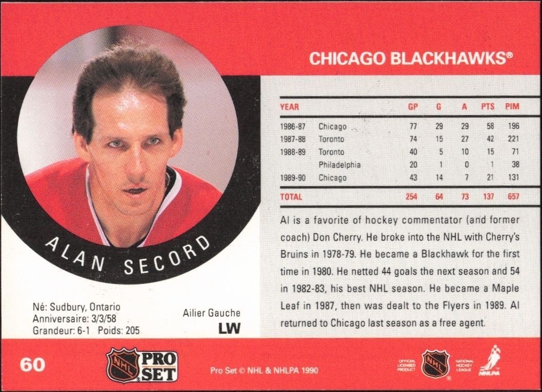 1990-91 Pro Set Al Secord #60 hockey trading card back