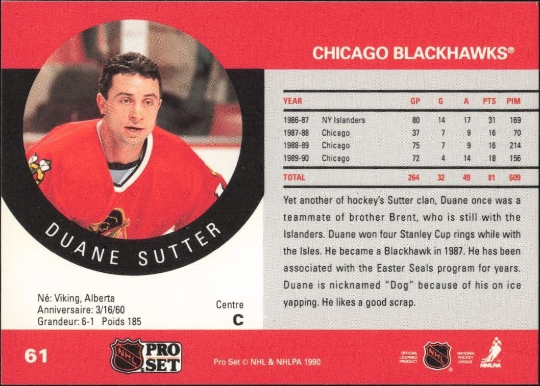 1990-91 Pro Set Duane Sutter #61 hockey trading card back
