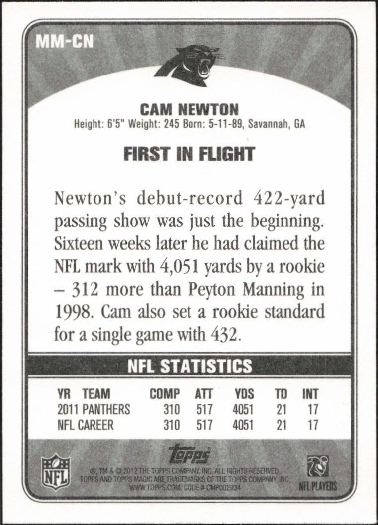 2012 Topps Magic Cam Newton #MM-CN football trading card back