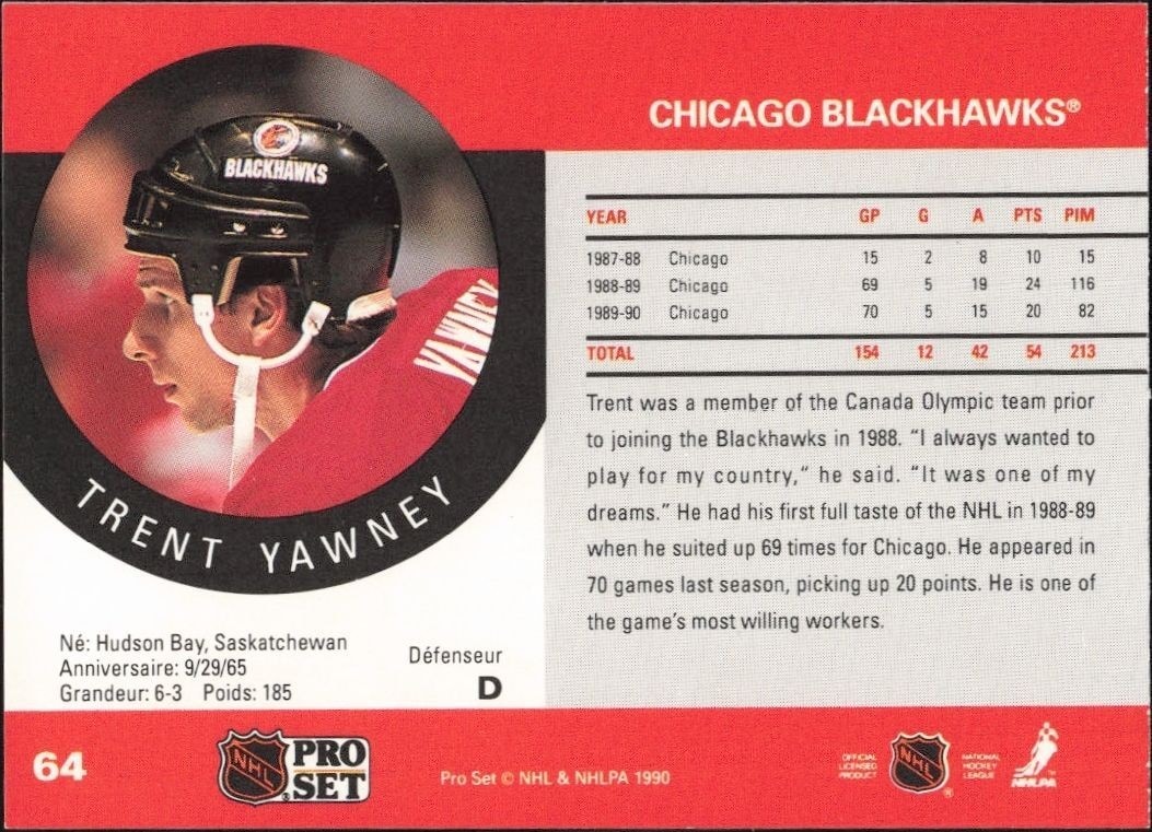 1990-91 Pro Set Trent Yawney #64 hockey trading card back