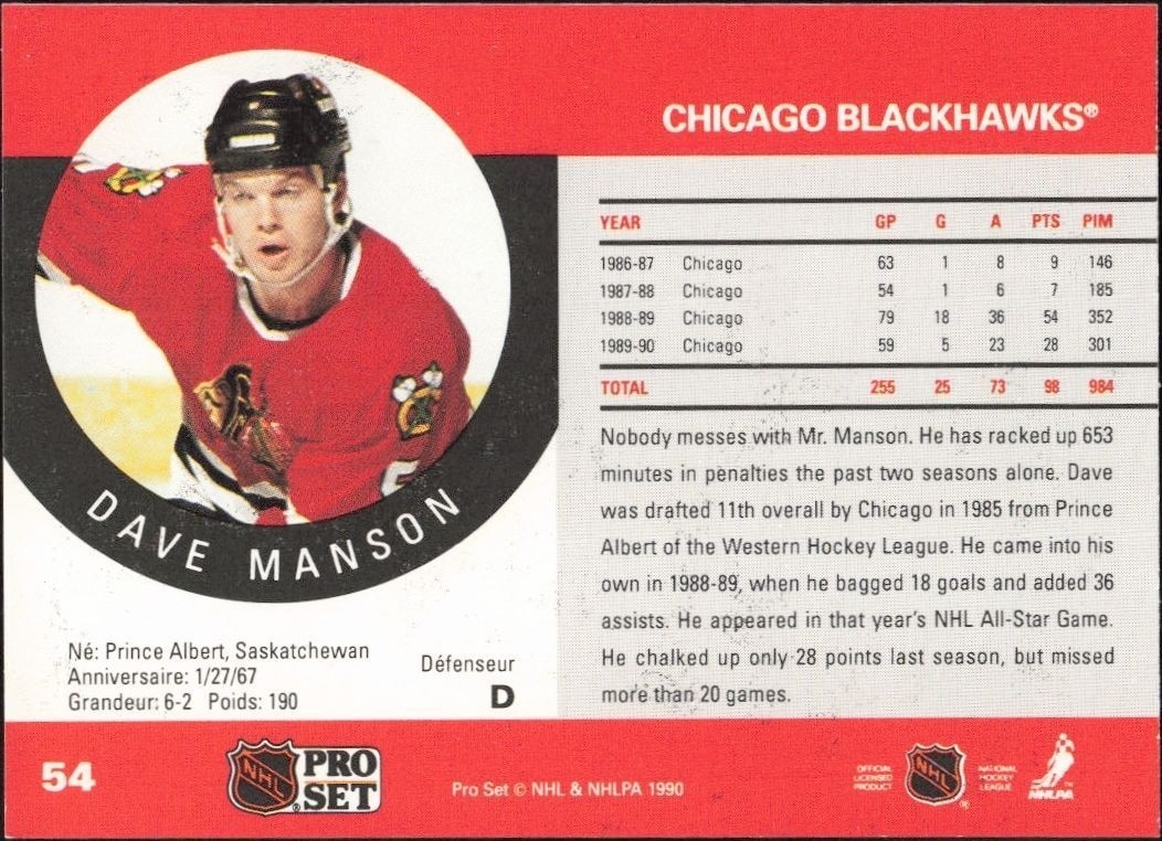 1990-91 Pro Set Dave Manson #54 hockey trading card back