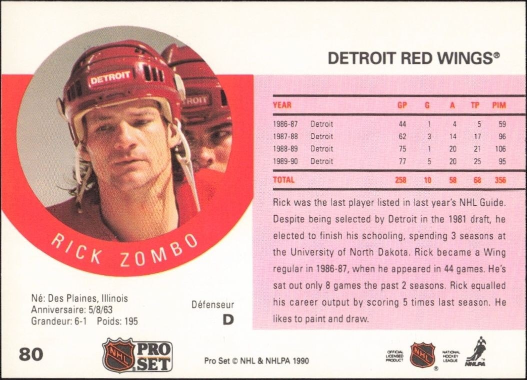 1990-91 Pro Set Rick Zombo #80 hockey trading card back