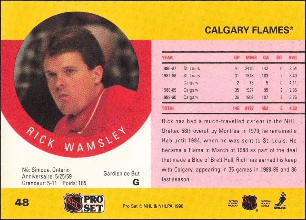 1990-91 Pro Set Rick Wamsley #48 hockey trading card back