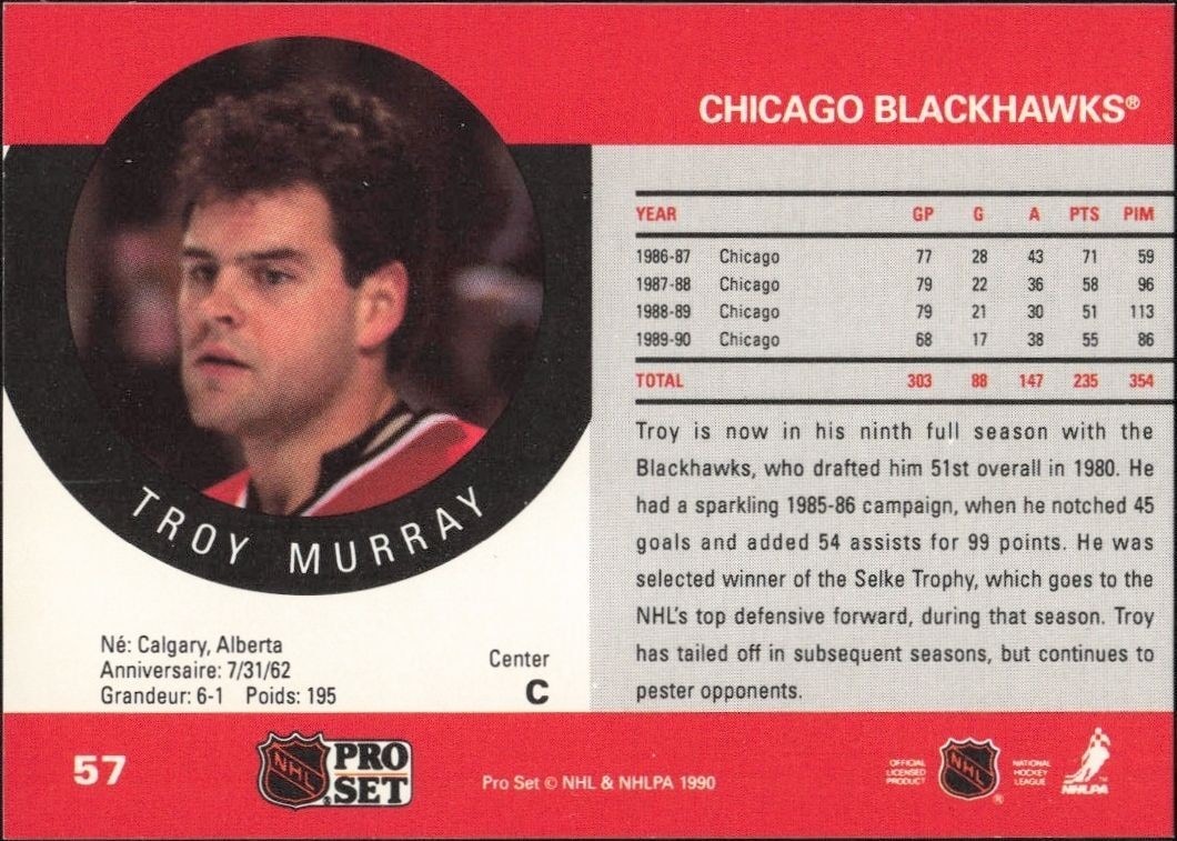 1990-91 Pro Set Troy Murray #57 hockey trading card back
