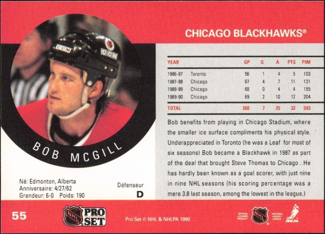 1990-91 Pro Set Bob McGill #55 hockey trading card back