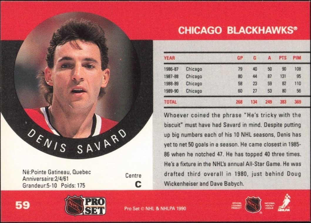 1990-91 Pro Set Denis Savard #59 hockey trading card back