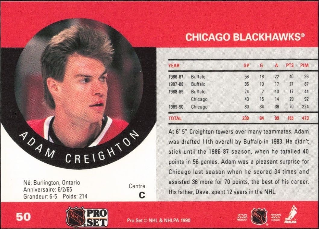 1990-91 Pro Set Adam Creighton #50 hockey trading card back